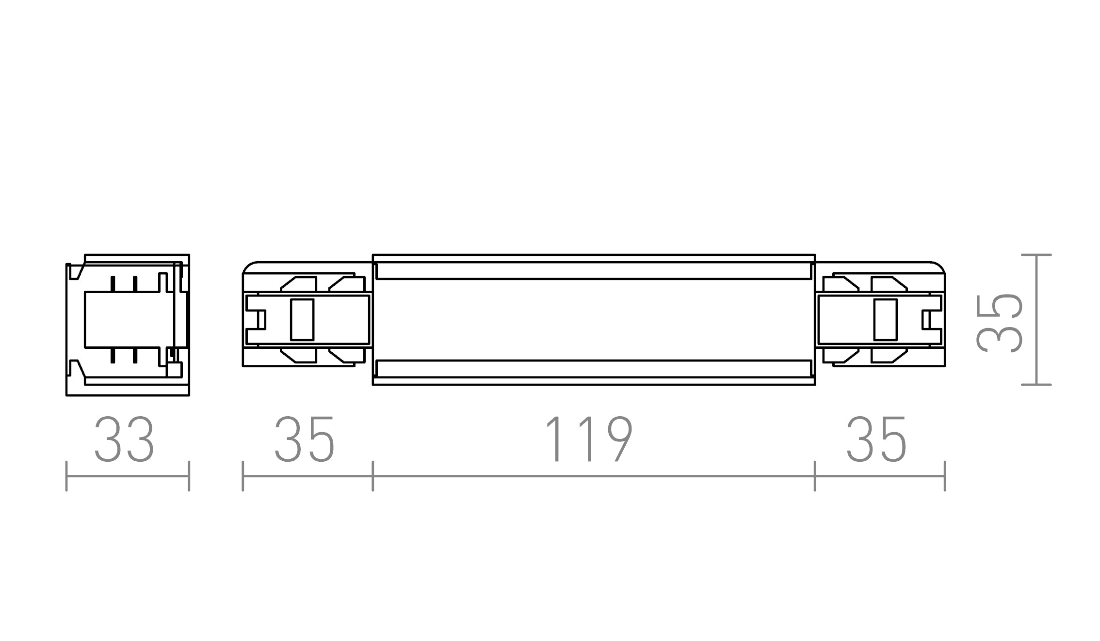 EUTRAC łącznik wzdłużny długi z opcją zasilania lampa - Product sketch